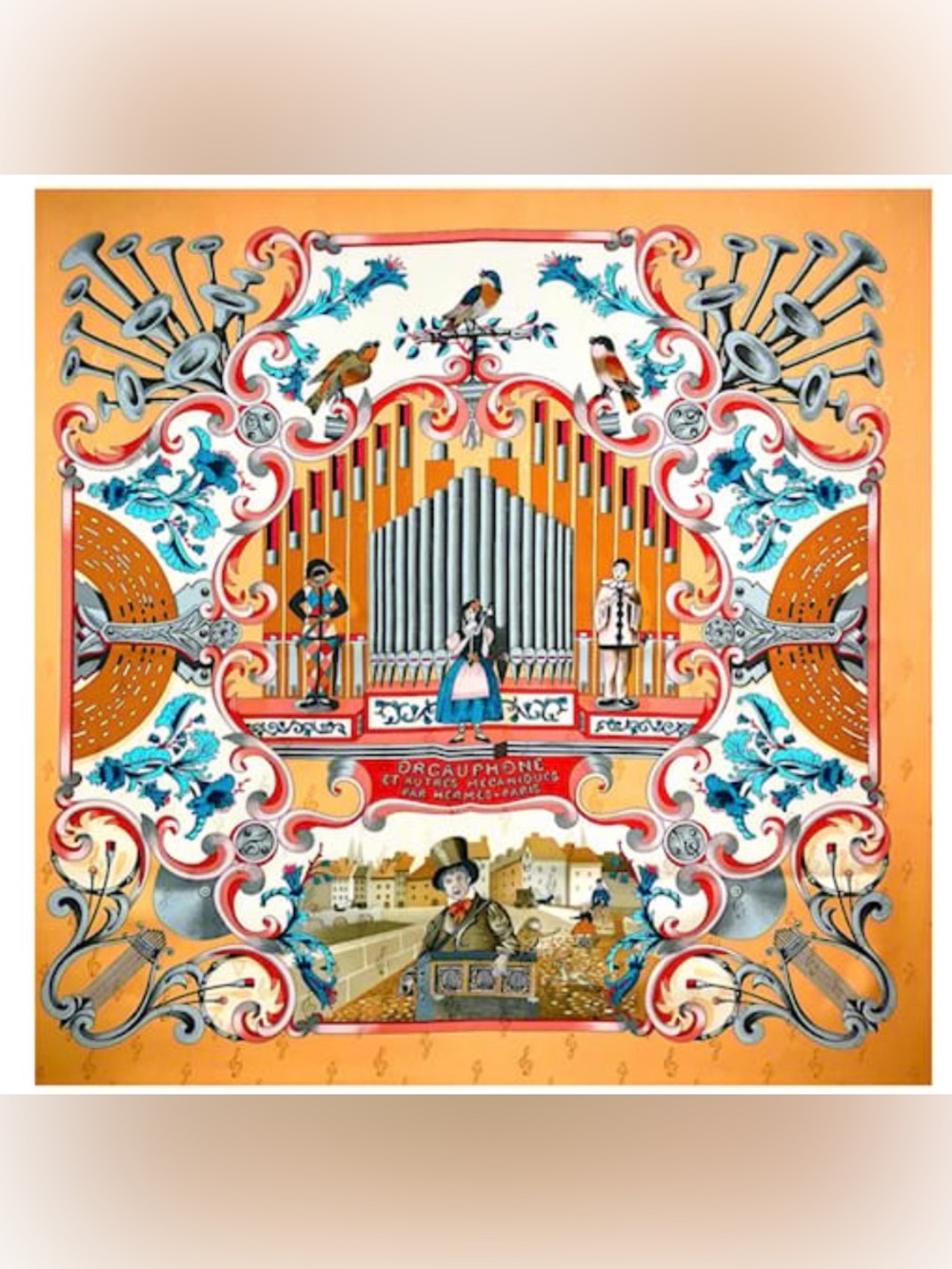 Hermes Silk Scarf Carre90 “ORGAUPHONE ET AUTRES MECANIQUES”